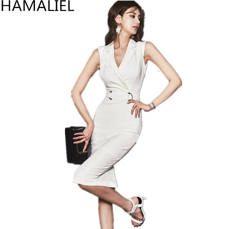 

HAMALIEL High Quality Women Office Lady Sheath Dress 2018 Summer White Sleeveless Work Bodycon Notched Collar Pencil OL Dress
