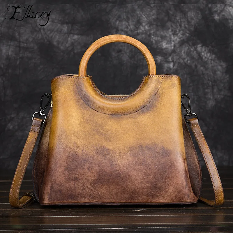

Vintage Luxury Panell Shoulder Bag New Large Capacity Genuine Leather Messenger Bag Wood Round Handle Women Handbags