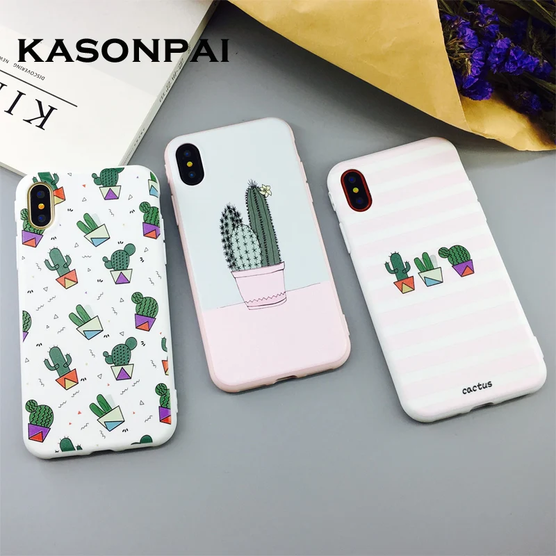 

KASONPAI Stripe Cactus Phone Case For iPhone X Case Lovely Cartoon Plants Back Cover Soft TPU Cases For iPhone X Capa Fundas