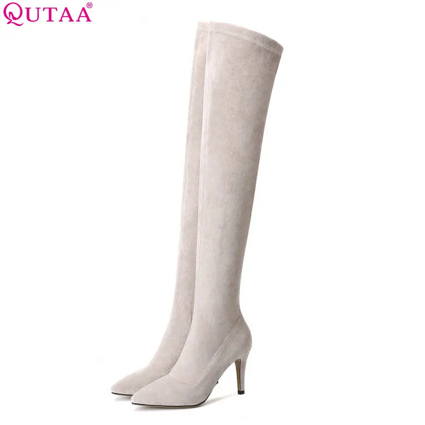 

QUTAA 2019 Women Over The Knee High Boots Thin High Heel Pointed Toe Zipper Winter Shoes Woman Motorcycle Big Size 34-43