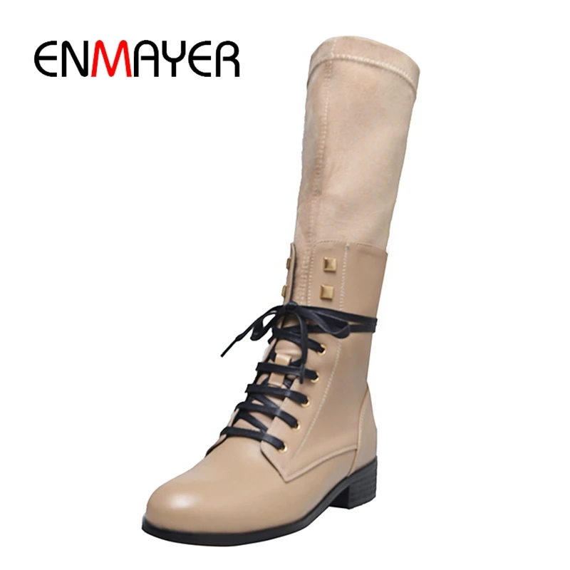 

ENMAYER Genuine Leather Round Toe Square Heel Lace-Up Womens Boots Zapatos De Mujer Boots Size34-43 ZYL1634