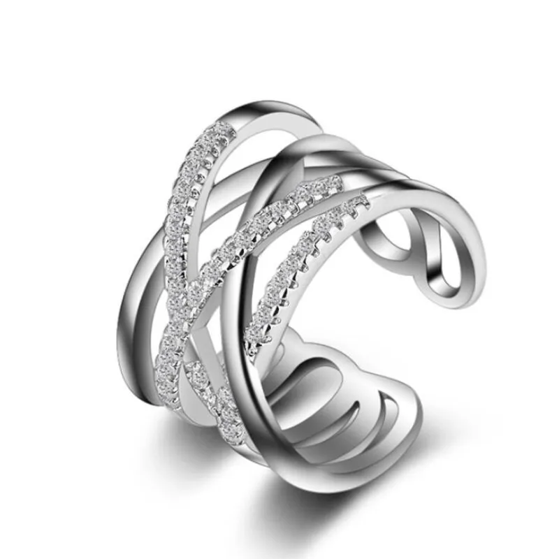 

High-quality Popular New 925 Sterling Silver Jewelry Female Multi-layer Cross Flash Crystal Temperament Opening Rings SR345