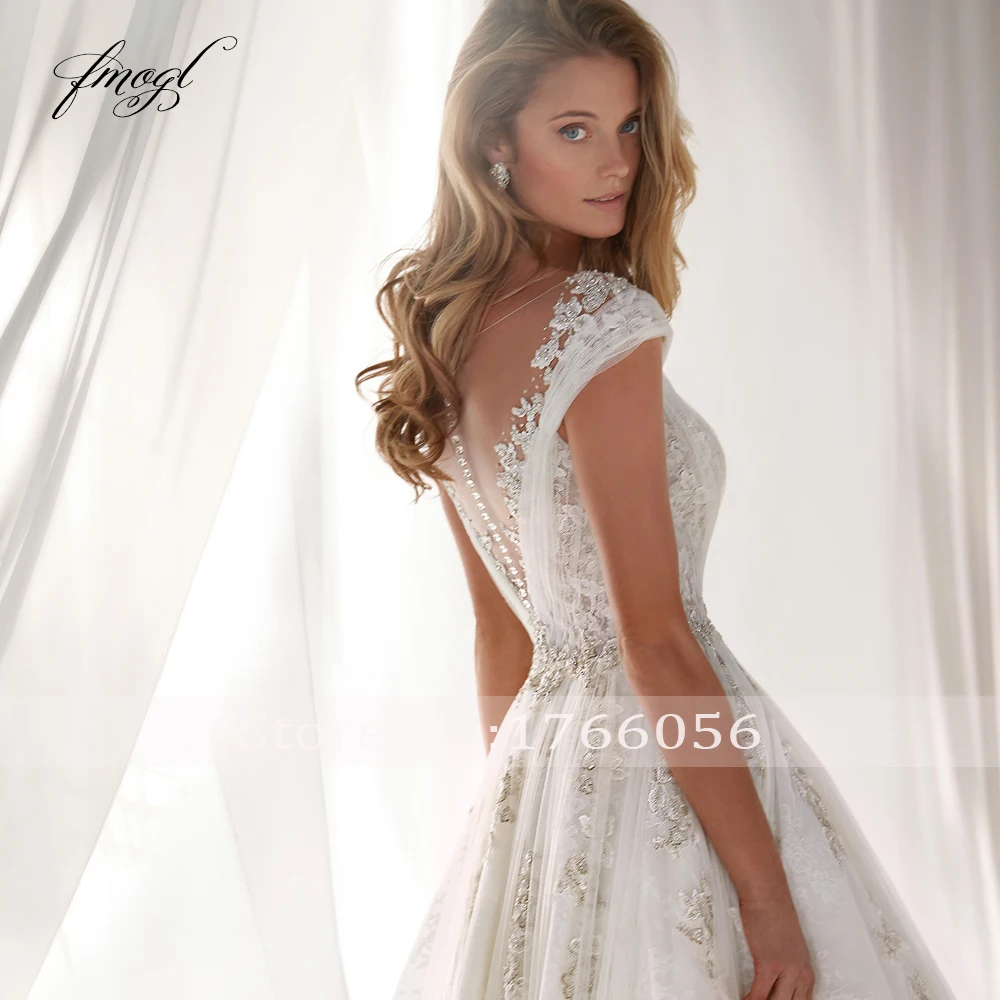 Fmogl Vestido De Noiva Иллюзия ТРАПЕЦИЕВИДНОЕ свадебное платье Роскошные аппликации из бисера с коротким рукавом со шлейфом плиссированное платье невесты