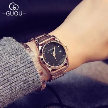 

GUOU Women Quartz Datejust Watches Full Rose Gold Steel band Business Casual Lady Clock Wristwatches Gift hodinky Montre Femme