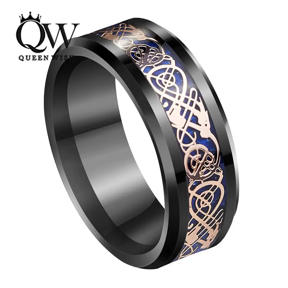 queenwish 8mm black tungsten ring rose gold celtic dragon blue carbon fibre mens jewelry - Celtic Mens Wedding Rings queenwish 8mm black tungsten ring rose gold celtic dragon blue carbon fibre mens jewelry - Celtic Mens Wedding Rings