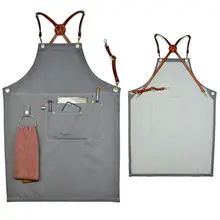 Gray Denim Bib Apron w/Leather Strap Barber Barista Florist Bartender BBQ Chef Uniform Tattoo Shop Carpenter Salon Workwear K75