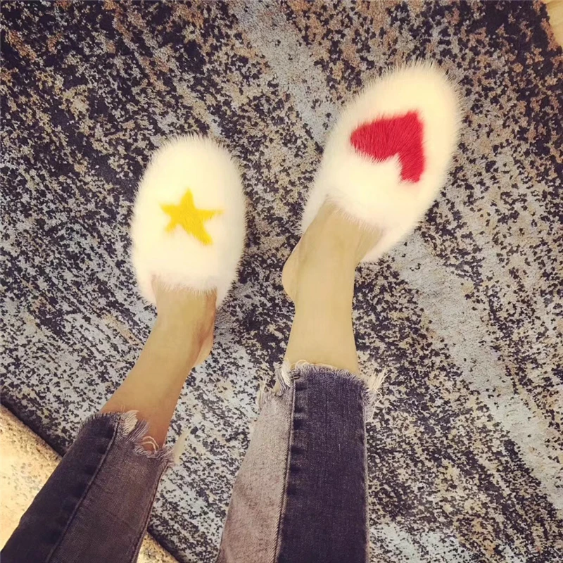 

2018 European and American autumn winter genuine leather fur flats warm slippers cute star heart pattern mixed color women shoes