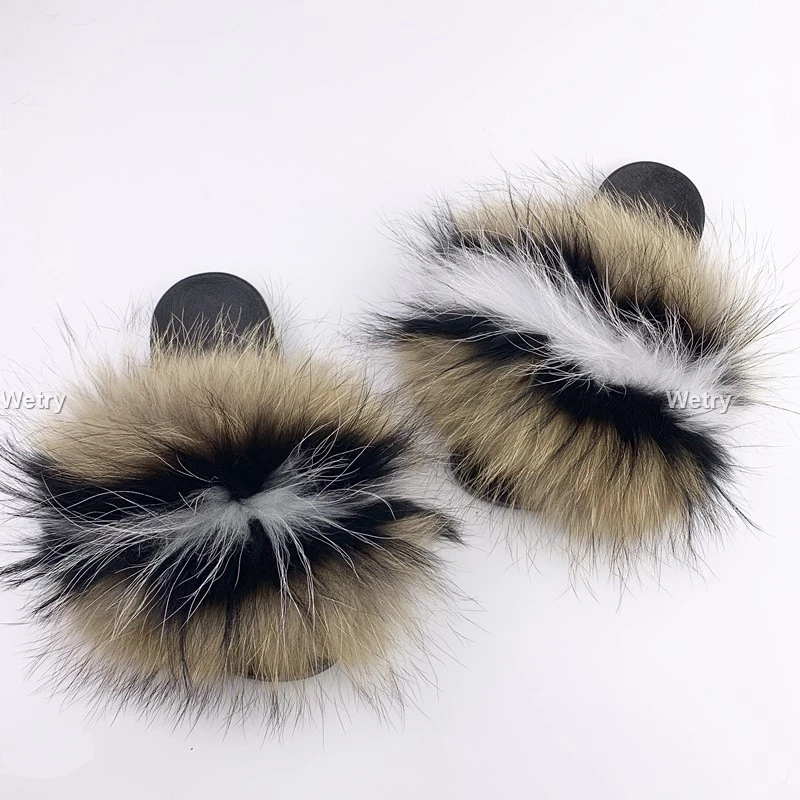 

100% Real Raccoon Fur Slippers Women fashion color Sliders summer sliders fashion fur Big Size 45