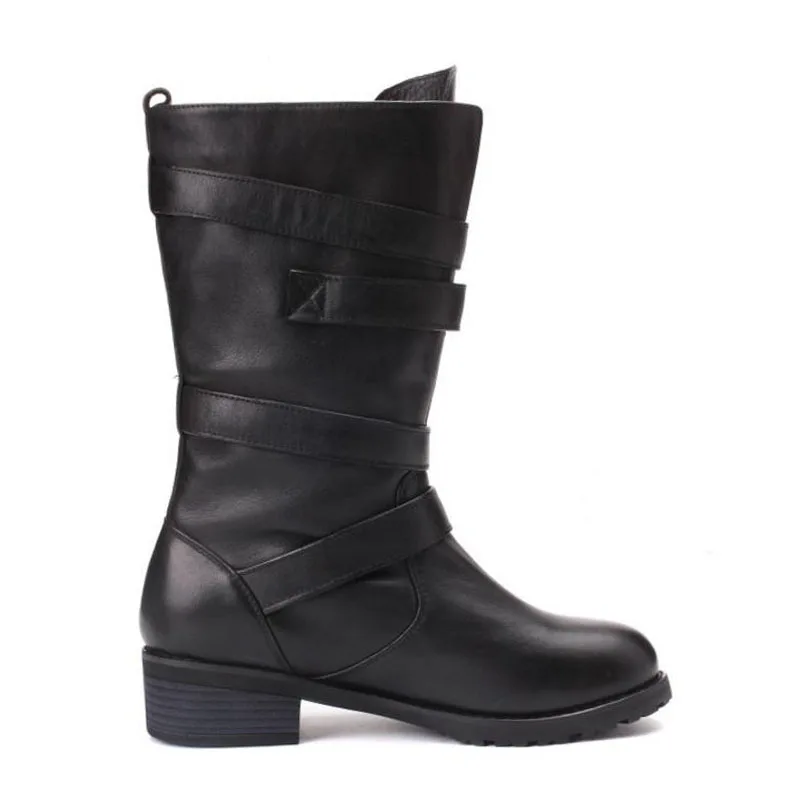 Femmes En 3441 Taille Chaussures Chaud Bottes Noir Boucle D'hiver mollet Punk Cuir Peluche Mi Appartements Razamaza Véritable Moto L34Rj5A