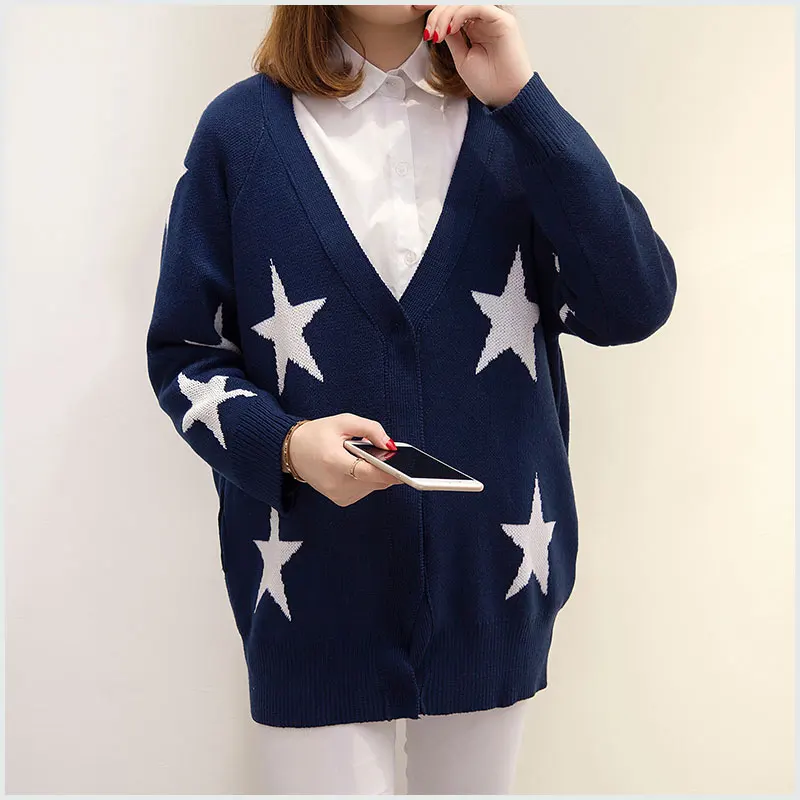 

Knit Cardigan Large Size Sweater Coat 2018 Autumn Winter Women Long Sleeve Printed Wild Knitted Jacket Female Cardigan Feminino