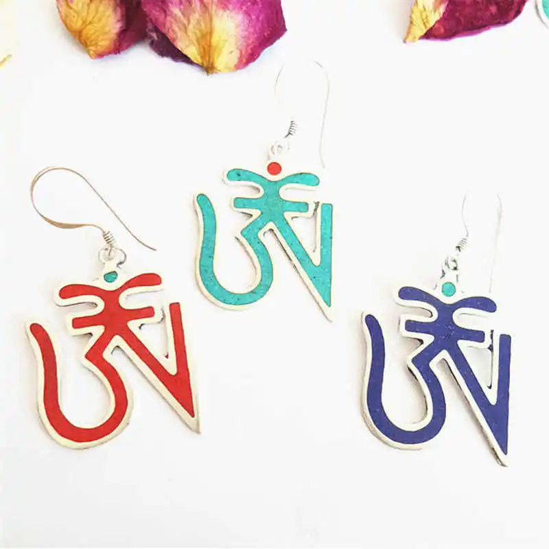 

Tibetan OM Amulet Earrings Nepal Hand Jewelry Copper Inlaid Stone Multi Colors E016