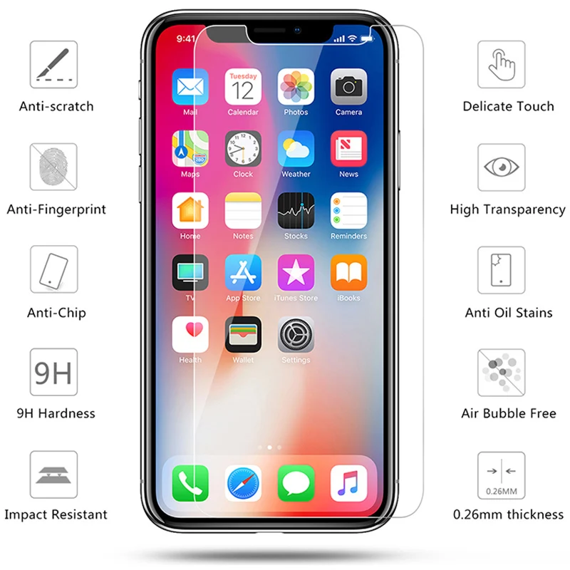 Закаленное стекло для iPhone 7, 8, 6, 5, 5S, SE, защита экрана телефона, 9 H, HD, жесткая Передняя пленка для iPhone X, XR, XS Max, 11 Pro, 6S Plus, 4