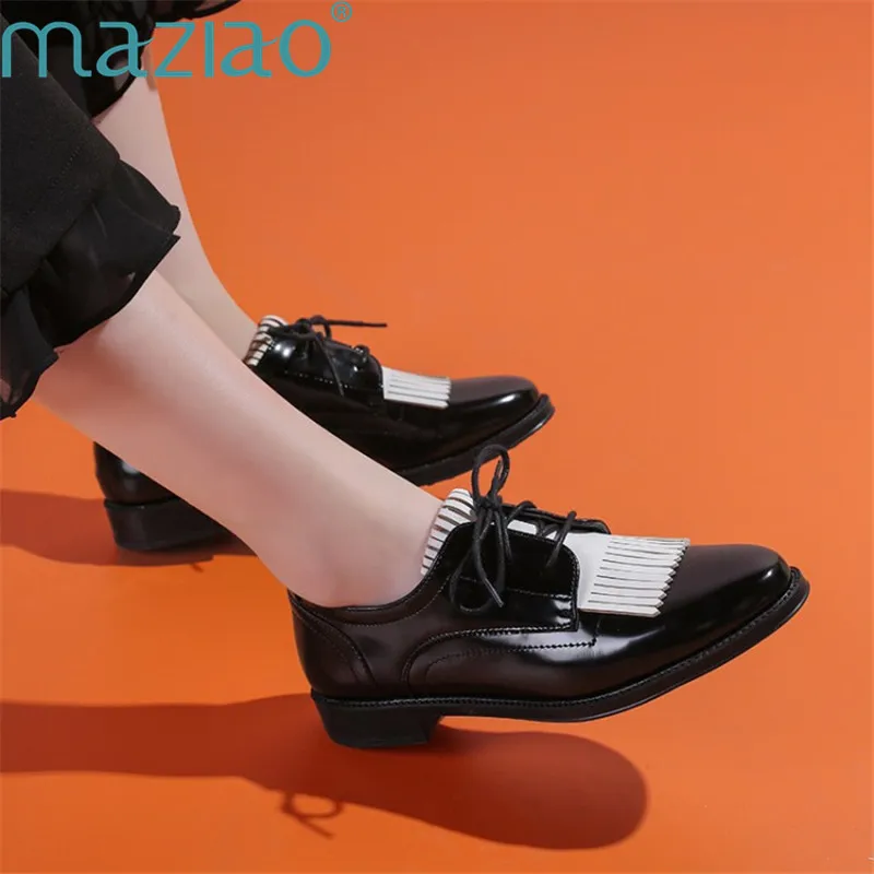 

Ladies Shoes Round Head Leather Cross-strap Fringes Square Heel Marie Jane Shoes Vintage Shoes Woman Platform Oxfords MAZIAO
