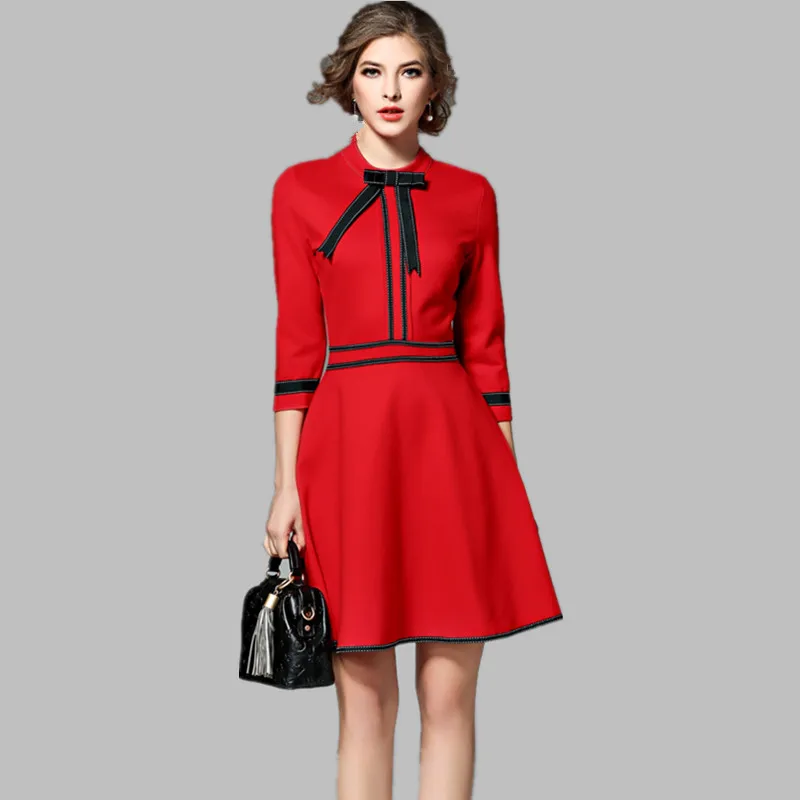 Подиумное стильное Черное Красное офисное платье Vestidos Осеннее винтажное