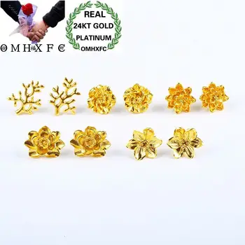 

OMHXFC Wholesale European Fashion Woman Bride Party Birthday Wedding Mother Gift Vintage Flower 24KT Gold Stud Earrings EH104