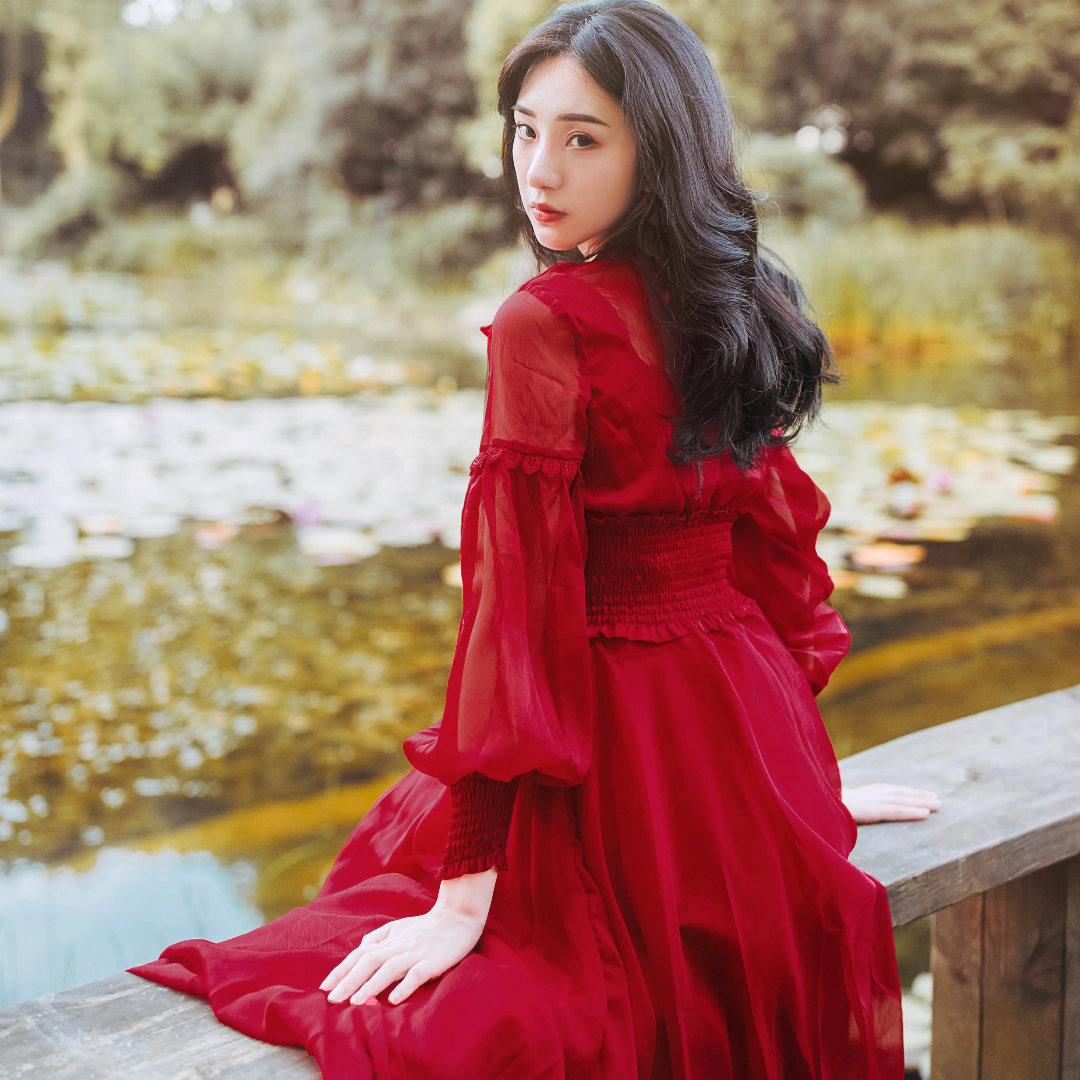 YOSIMI 2018 Autumn Chiffon Long Women Dress Red Female Vestido Stand Neck Long SLeeve Vintage Maxi Empire Dress Ankle-length