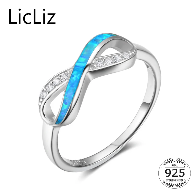 

LicLiz 925 Sterling Silver Eternity Rings For Women CZ Pave Cross Ring Blue Opal Infinity Rings Weave Ring Wedding Band LR0368
