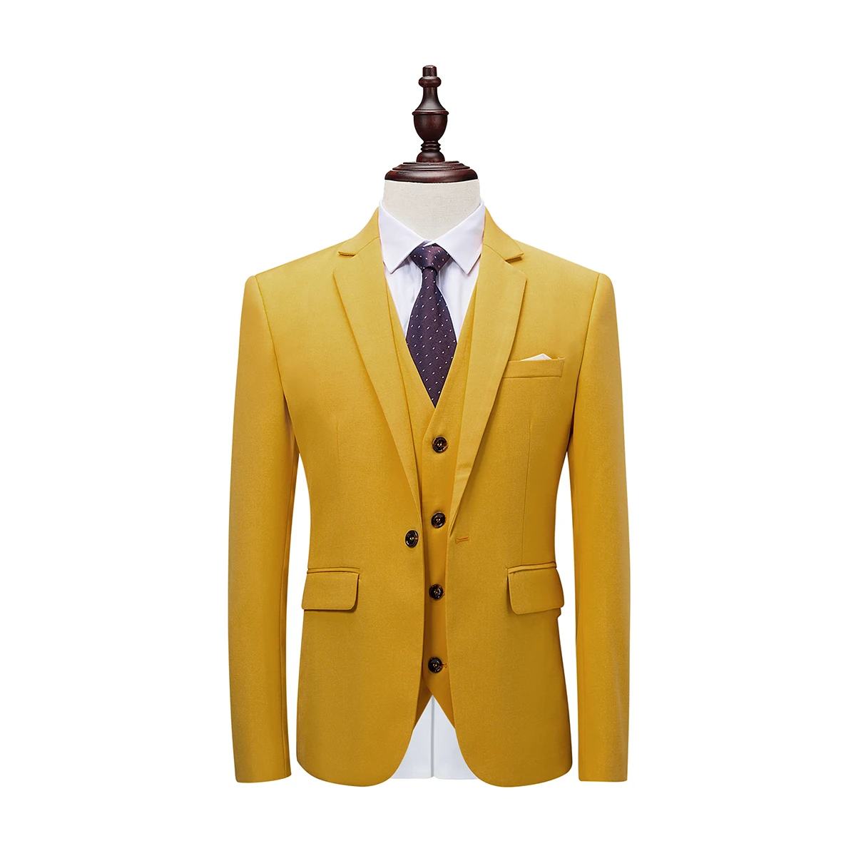 

New Men'S Solid Color Fashion Trend Suit Three-Piece Bright Yellow Business Banquet Wedding Dress High-Grade Slim Dress Suit