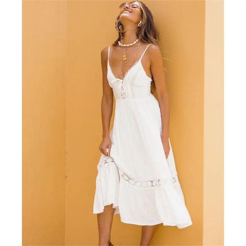 

2019 Women Summer Sexy Lace Bohemian Beach Dresses Vintage Korean White Midi Dress Plus Size