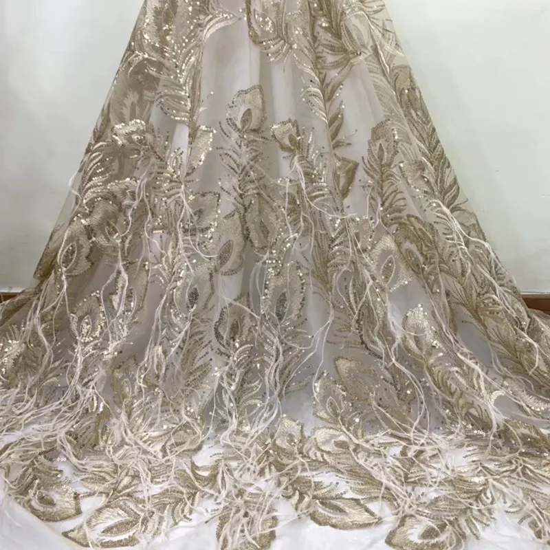 

Luxury French Lace Fabric High Quality 2019 feather embroidery tulle mesh lace fabric with sequins for party RG457