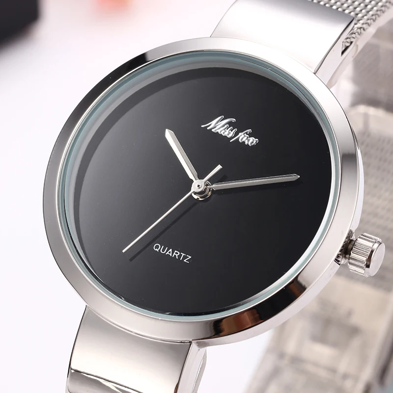 

MissFox Women Dress Watches Silver Color Steel Mesh Ladies Black Dial Watch Waterproof Gold Casual Quartz Watch For Female Girl