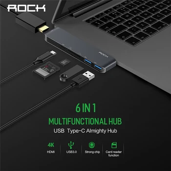 

ROCK 6 in 1 Usb Hub All in 1 Converter USB-C to HDMI 4K SD TF Card Reader for MacBook Huawei Type C HUB USB 3.0 5Gbps Aluminum