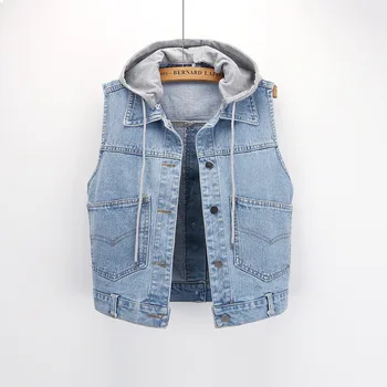 

Vintage Single-breasted Pocket Casual Denim Jacket For Women 2019 Korean Slim Spring Short Hooded Jeans Vest Female Waistcoat