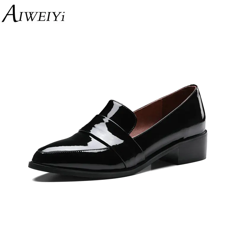 

AIWEIYi Genuine Leather Round Toe Slip On Women Loafers Oxfords Patent Leather Casual Shoes Low Heel Shallow Ladies Shoes