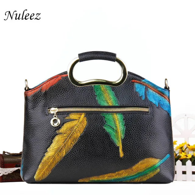 Nuleez genuine leather bag women evening  bag day clutches colorful feather decoration tote-bag new