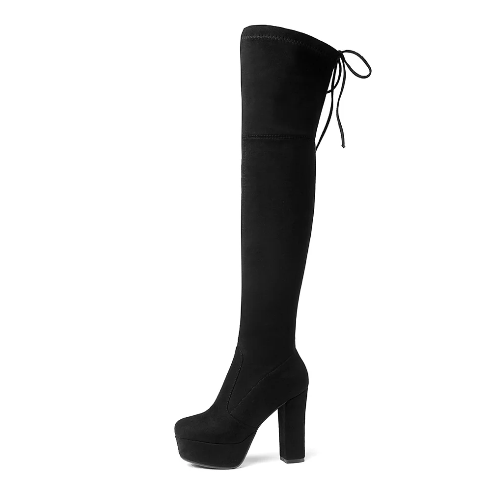 Размеры 34–43 Ботфорты женские ботфорты до бедра из искусственной замши на платформе стрейчевая тонкая стильная женская обувь женские зимние ботинки - Цвет: Черный