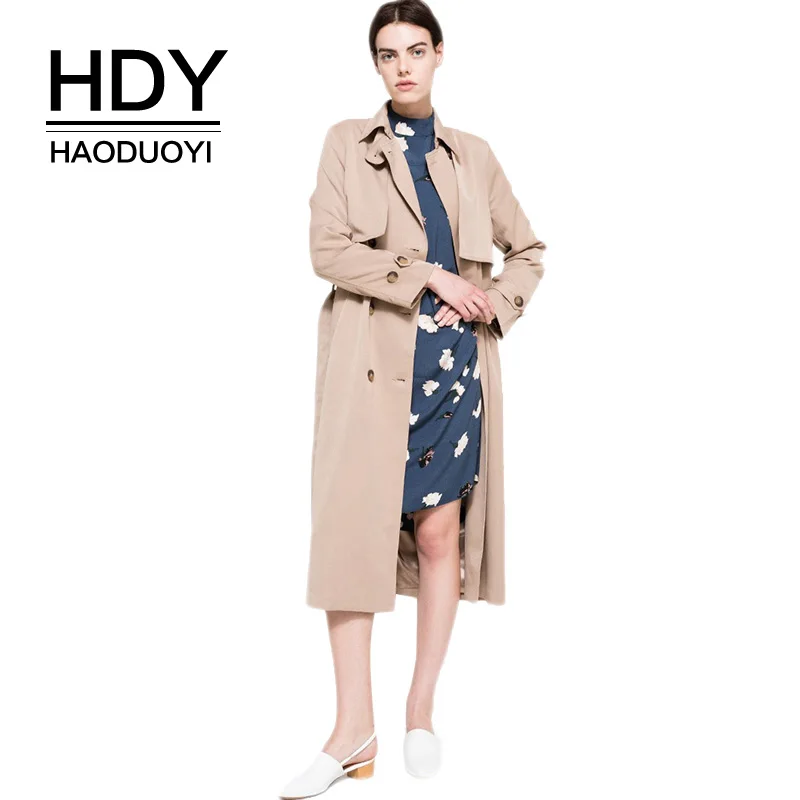 HDY Haoduoyi осень тренч двубортный плащ на классический цвет хакки бежевый весна для