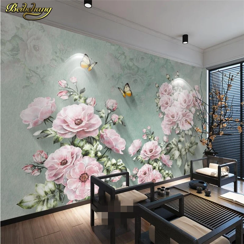 

beibehang Custom Photo Wallpaper Mural Wall Sticker European Nostalgic Retro 3D Rose Butterfly TV Wall papel de parede