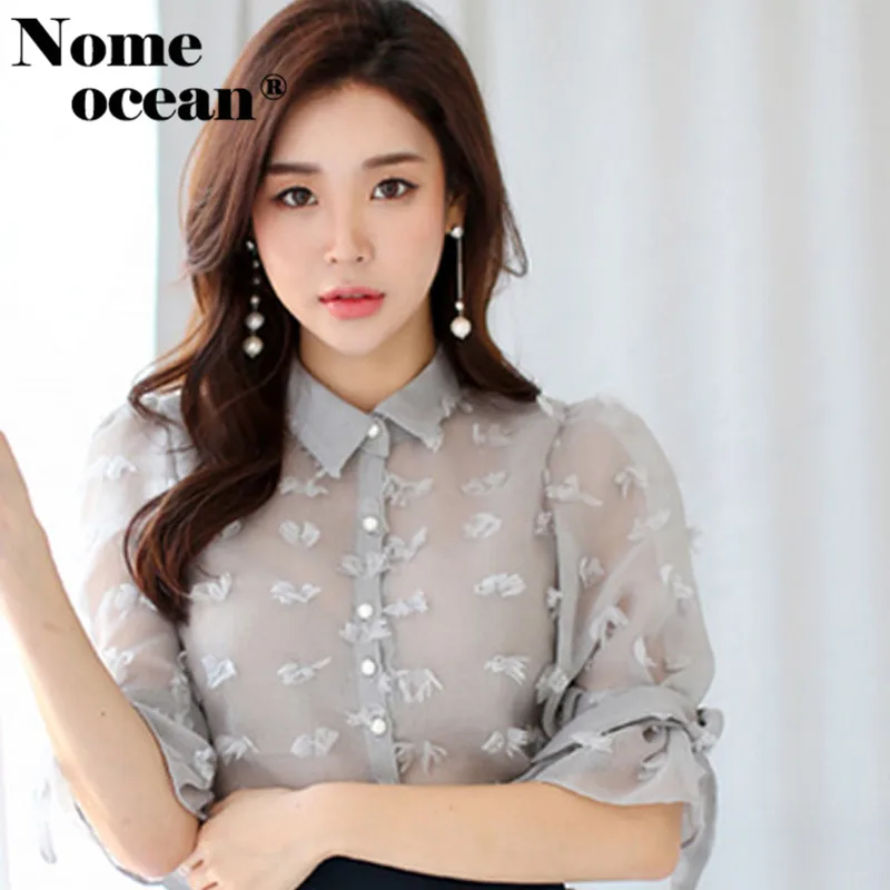 3D Flower Apllique Gauze Sexy Women's Shirts 2018 Summer Tied Bow Thin