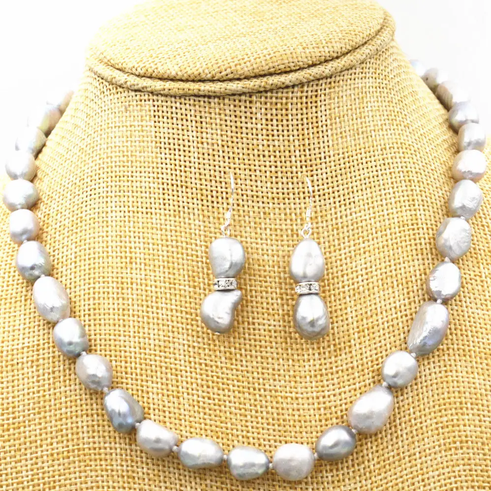 

New 8-9MM SILVER GRAY REAL BAROQUE CULTURED PEARL NECKLACE + Earrings 18KGP CL WW #@