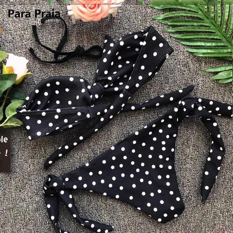 Billige Nette Polka Dot Tanga Bikini Sexy Bandeau Brazilian Bikini Set 2019 Bogen Bademode Halter Push Up Badeanzug Strand Badeanzug kann