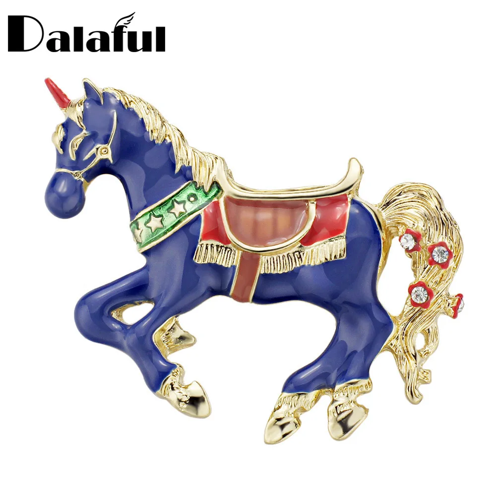 

Dalaful Exquisite Blue Enamel Horse Unicorn Crystal Vintage Animal Brooches Pins Button For Women Girl Fashion Jewelry Z041