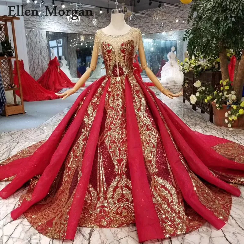 

Elegant Burgundy Ball Gowns Wedding Dresses 2019 Boat Neck Chapel Train Real Photos Glitter Custom Made Saudi Arabian for Bridal