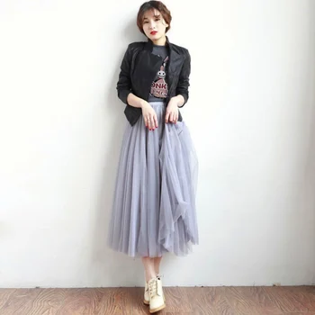 

Tulle Skirts Women Black Gray White Adult Tulle Skirt Elastic High Waist Pleated Midi Skirt