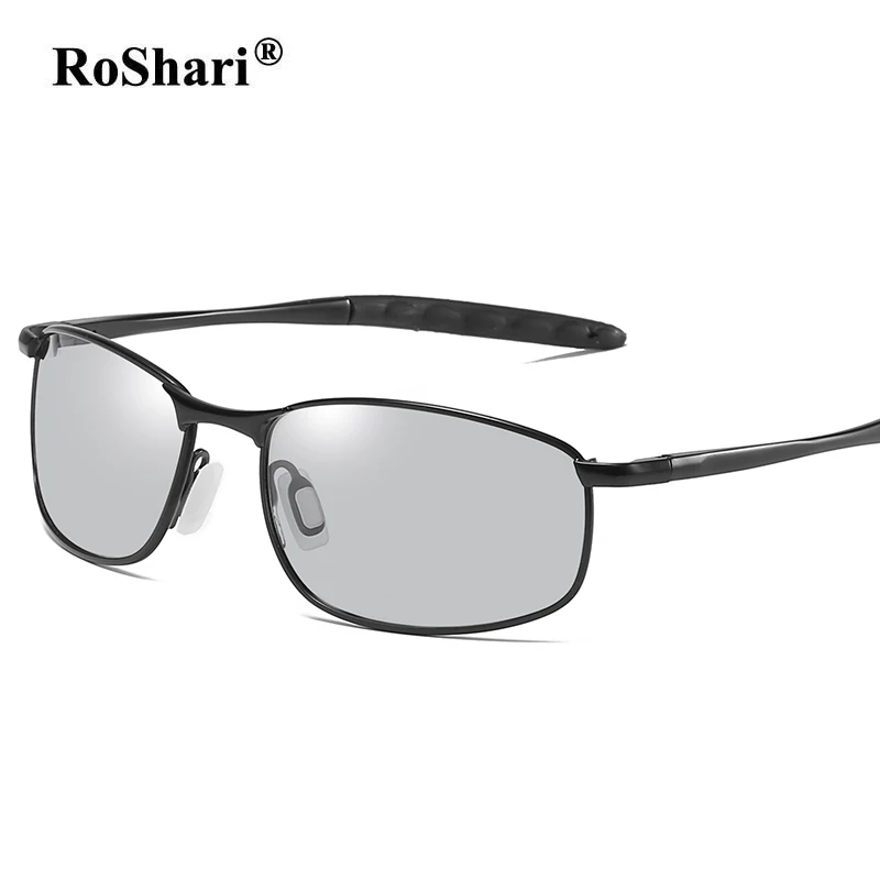 RoShari HD мужские фотохромные поляризованные солнцезащитные очки Хамелеон солнцезащитные очки для мужчин день ночь вождения антибликовые очки gafas de sol - Цвет линз: Black
