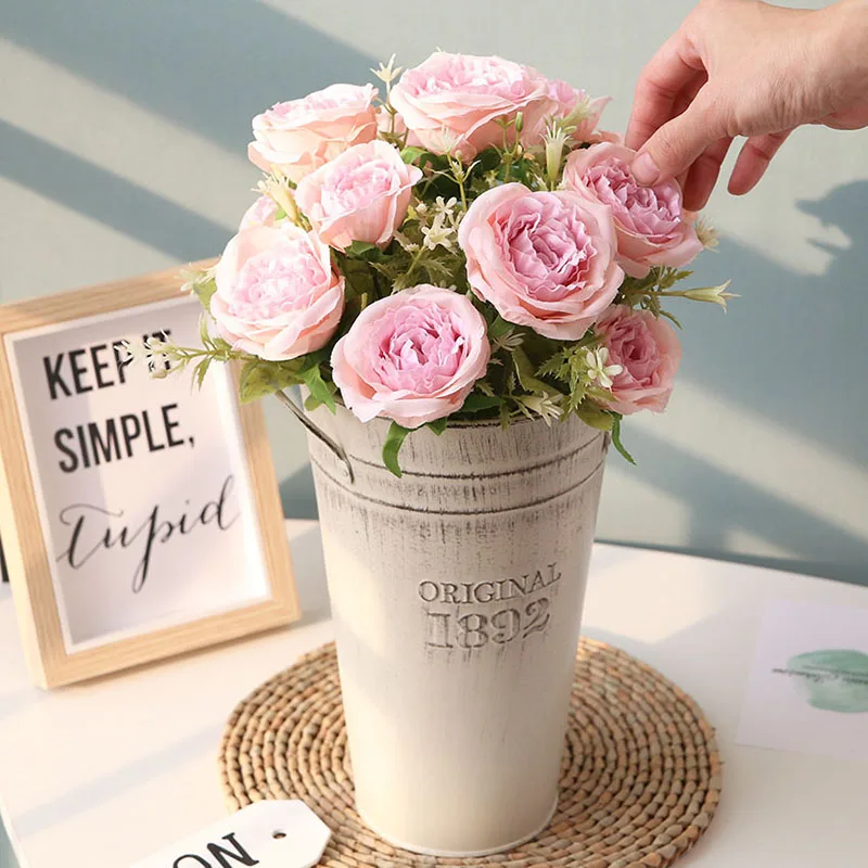 Flone High Quality Silk 12 Head Rose Bouquet Fake Flowers Artificial Flowers Tea Rose Wedding Living Room Decoration Accessories (1)
