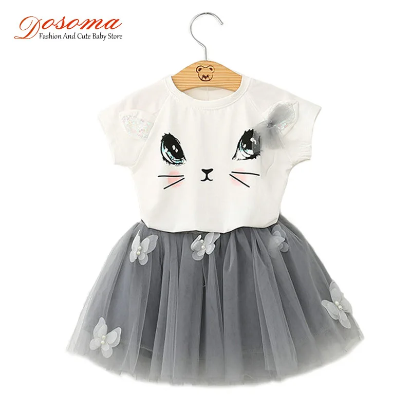 

Girls Clothing Sets Summer Style Cartoon Kitty Printed Cotton T-Shirts With Lace Sequined+Tutu Butterfly Skirt 2Pcs Kids Clothes