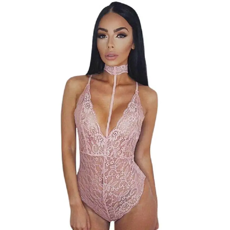 SEBOWEL Hot Sexy Lace Bodysuit Women Choker Neck See Through Skinny Body Jumpsuit Ladies Romper Combinaison Shorts Playsuits (3)