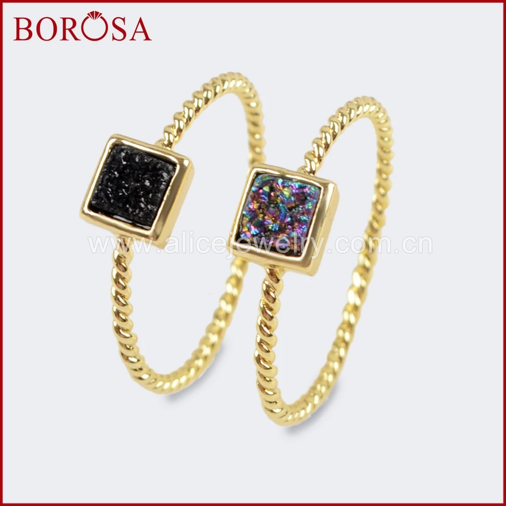 

BOROSA Natural Agates Titanium Rainbow Druzy Bezel Ring Gold Color 4mm Square Drusy Stone Rings Jewelry for Women ZG0286
