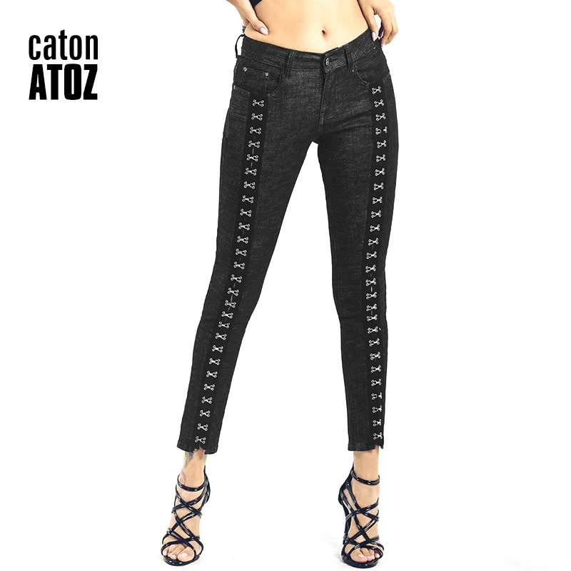 

catonATOZ 2197 Women`s Fashion Mid High Waist Jeans Plus Size Sexy Black Rivet Stretchy Pencil Pants Skinny Jeans For Woman
