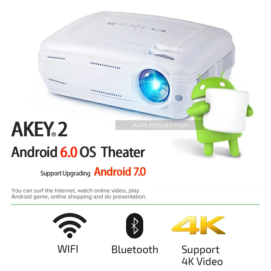 AUN AKEY2 LED Projector, 3500 Lumens Upgrade Android 7.0 Beamer. with WIFI, Bluetooth, Support 4K Video Full HD 1080P LED TV