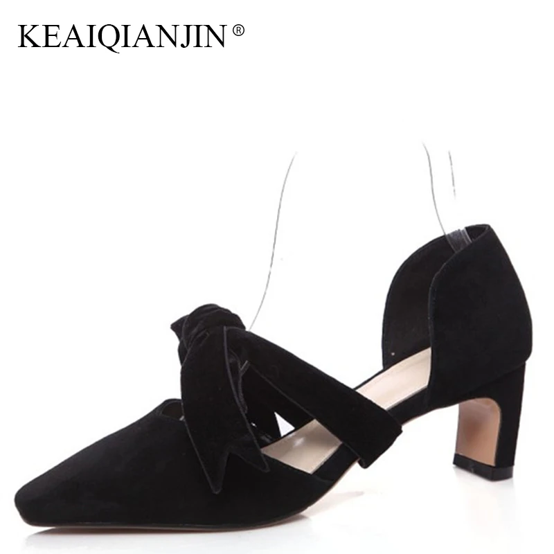 

KEAIQIANJIN Woman Summer High Heeled Sandal Fashion Pink Genuine Leather Shoes Sexy Plus Size 41 43 Black Butterfly Knot Sandals