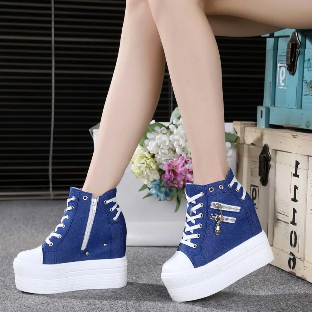 Fashion Autumn High Heel Casual Shoes Canvas Women Shoes Lace-Up Breathable Women Sneakers Zipper Platform Ladies Shoes Women