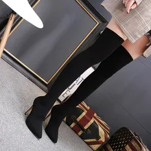 Сапоги-носки эластичная Тканевая обувь Сапоги выше колена с острым носком сапоги на высоком каблуке пикантные черные сапоги на высоком каблуке размера плюс,# G3