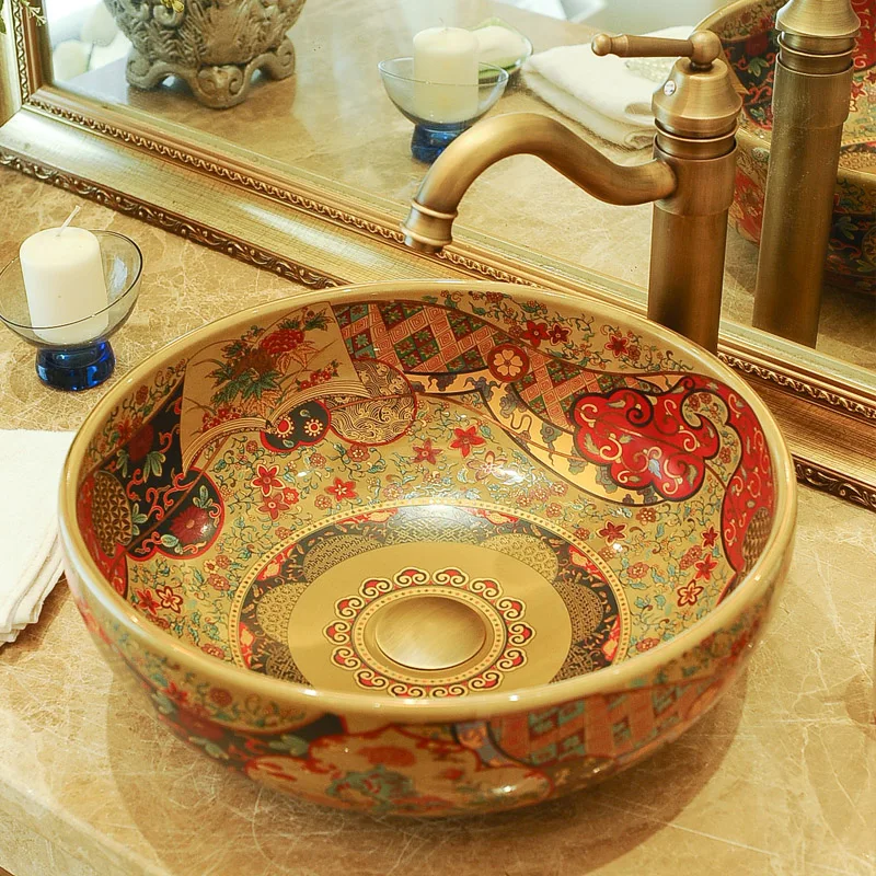Chinese Cloakroom Counter Top porcelain wash basin bathroom sinks ceramic art round bowl sink (1)