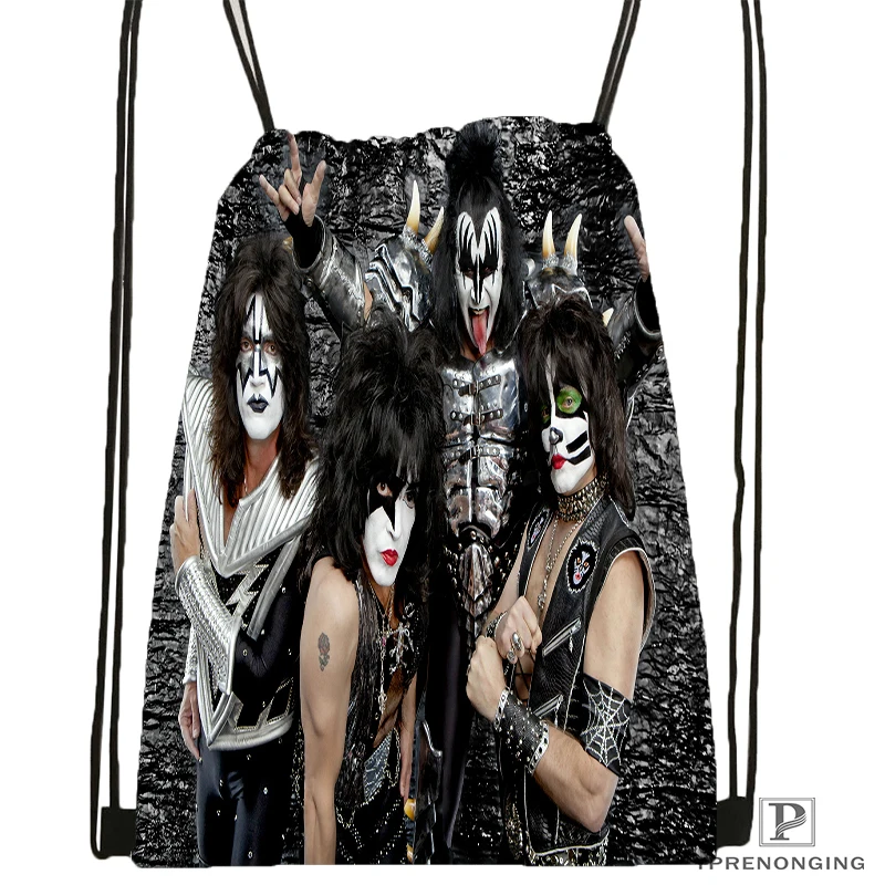 Custom Kiss Rock Band Monster Style Drawstring Backpack Bag Cute Daypack Kids Satchel Black Back 31x40cm